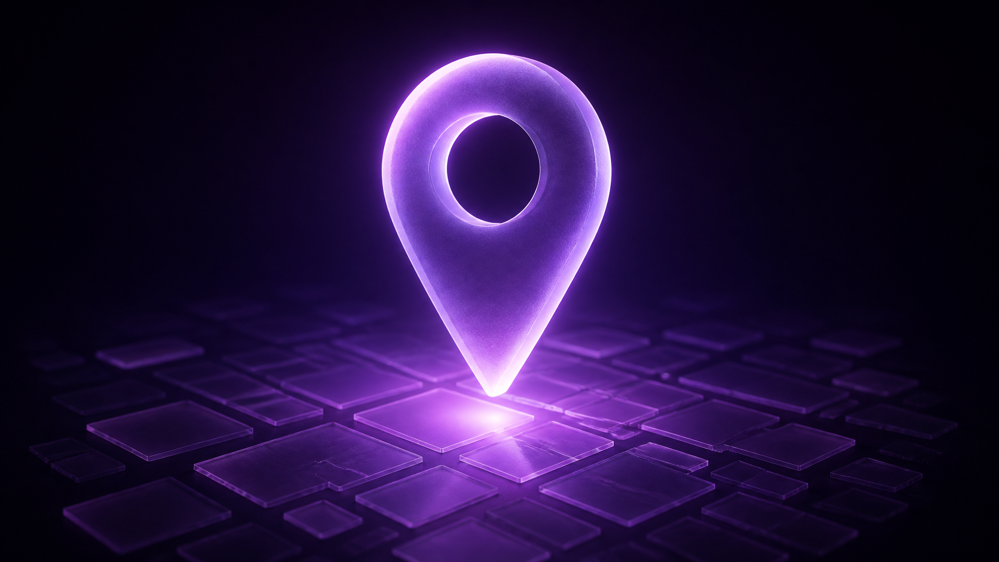 A single large glowing frosted violet glass map pin floating above a soft grid of small translucent suburb tiles in the dark, representing local SEO and Google Business Profile