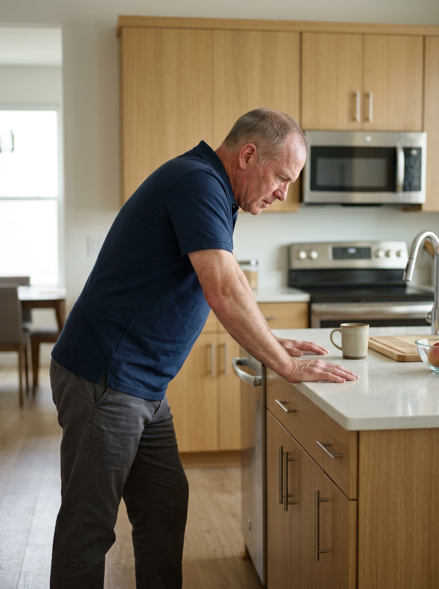 White male veteran in his 50s leaning heavily on a kitchen counter unable to bend down showing compensatory back strain