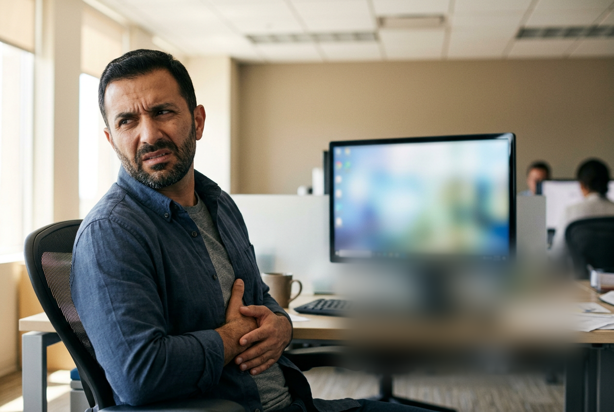 Middle Eastern male veteran in his 40s at an office desk leaning back with one hand on his stomach looking uncomfortable and unable to focus on work