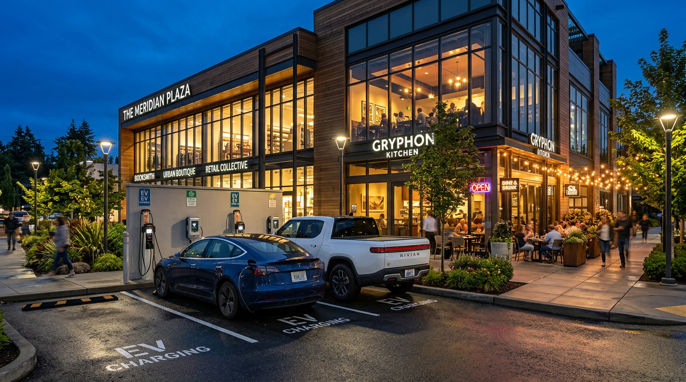 EV charging station outside a modern restaurant and retail strip