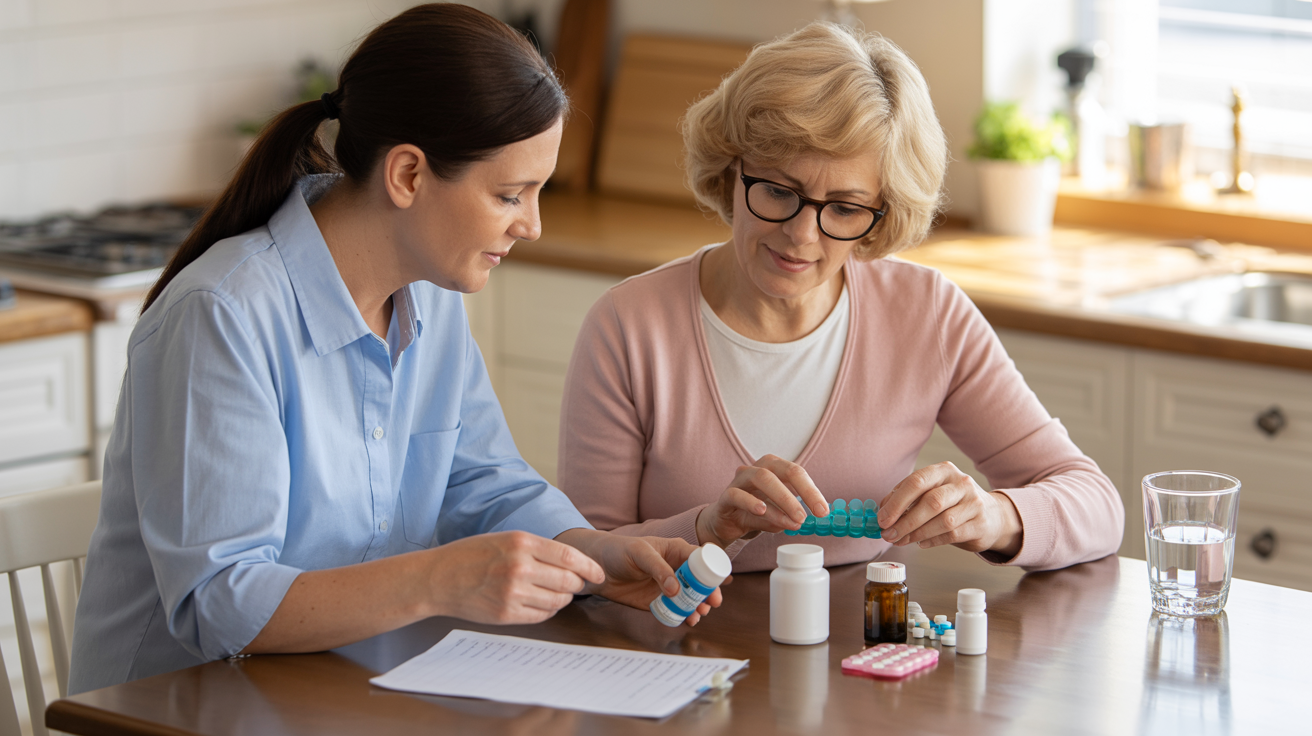 Healthcare professional organizing medications with elderly patient - pill management and medication education at home in Los Angeles