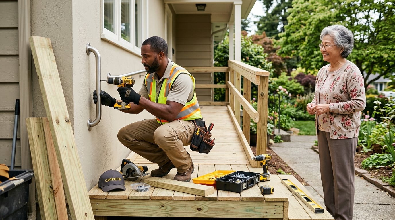 A Black contractor installing a safety grab bar and wheelchair ramp while a senior Asian woman homeowner watches gratefully