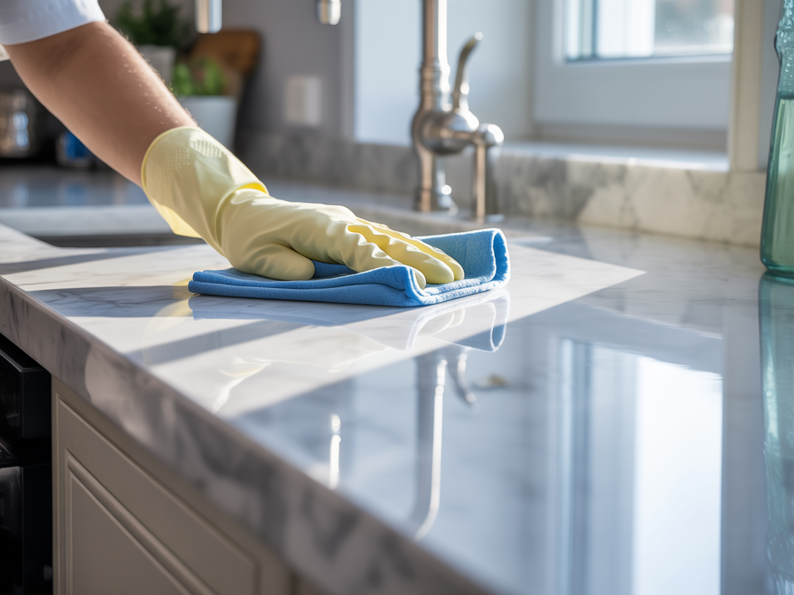 Professional cleaner wiping marble countertop with microfiber cloth during a South Tampa deep cleaning service