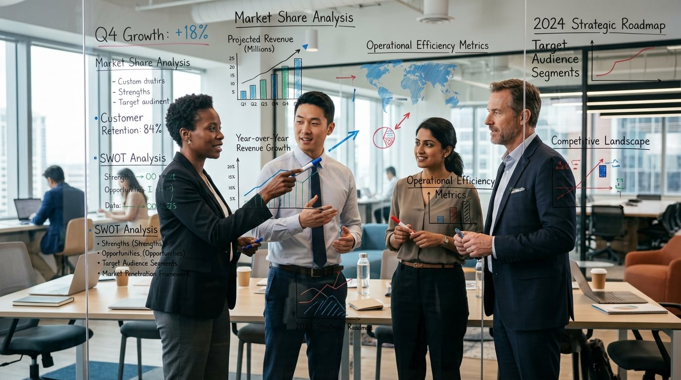 Equipo de consultores trabajando en estrategia