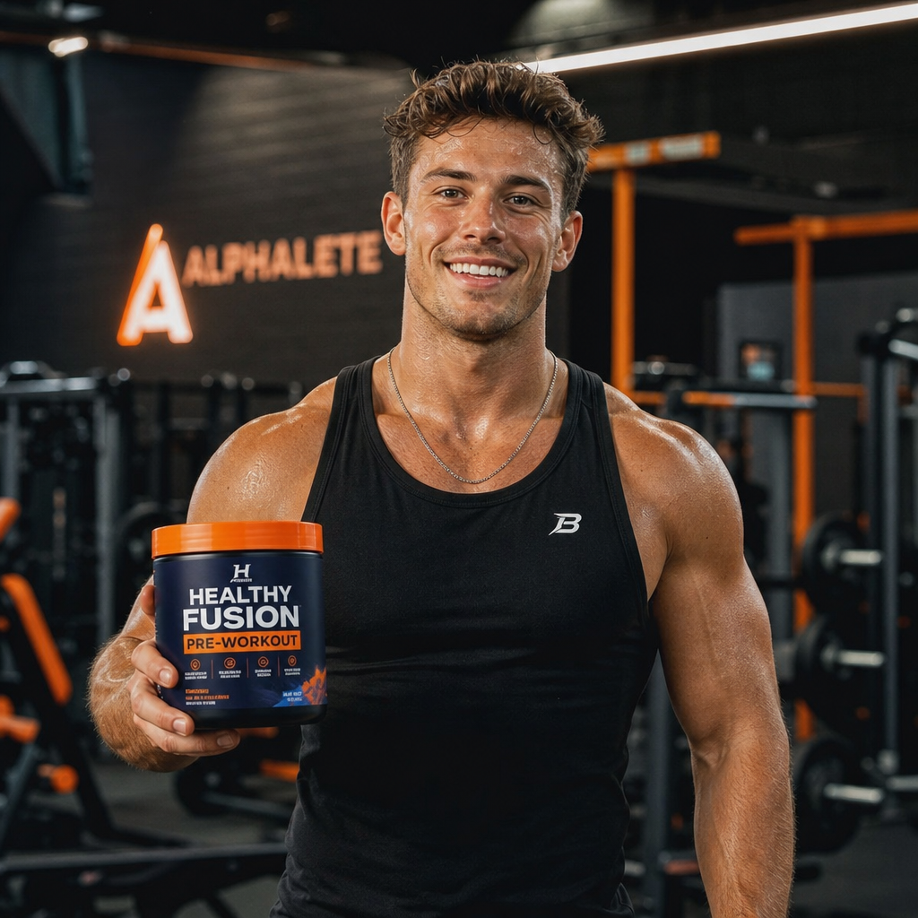 Mannelijke fitness influencer met een Healthy Fusion pre-workout in de gym