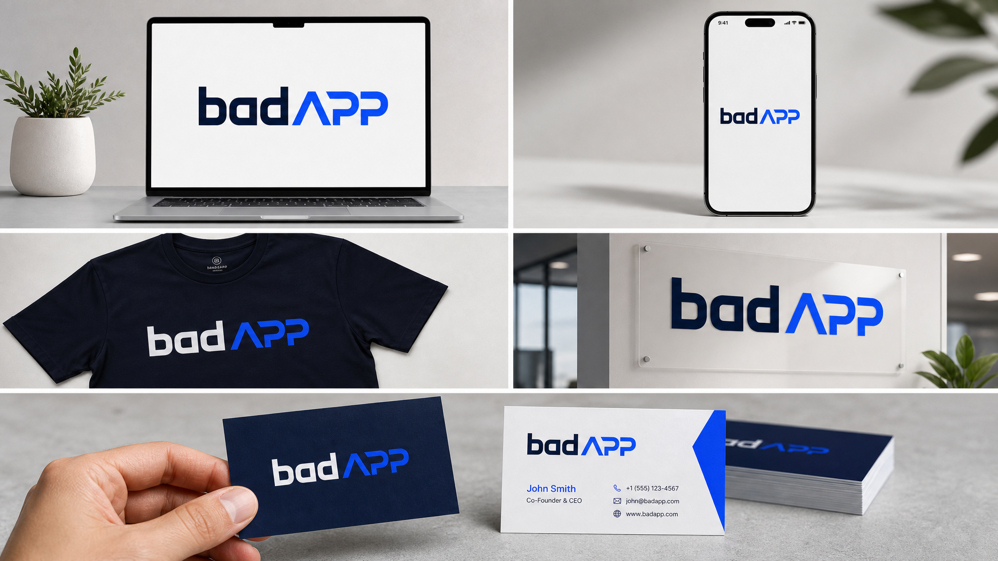 badAPP brand mockups showing laptop, phone, t-shirt, and signage applications