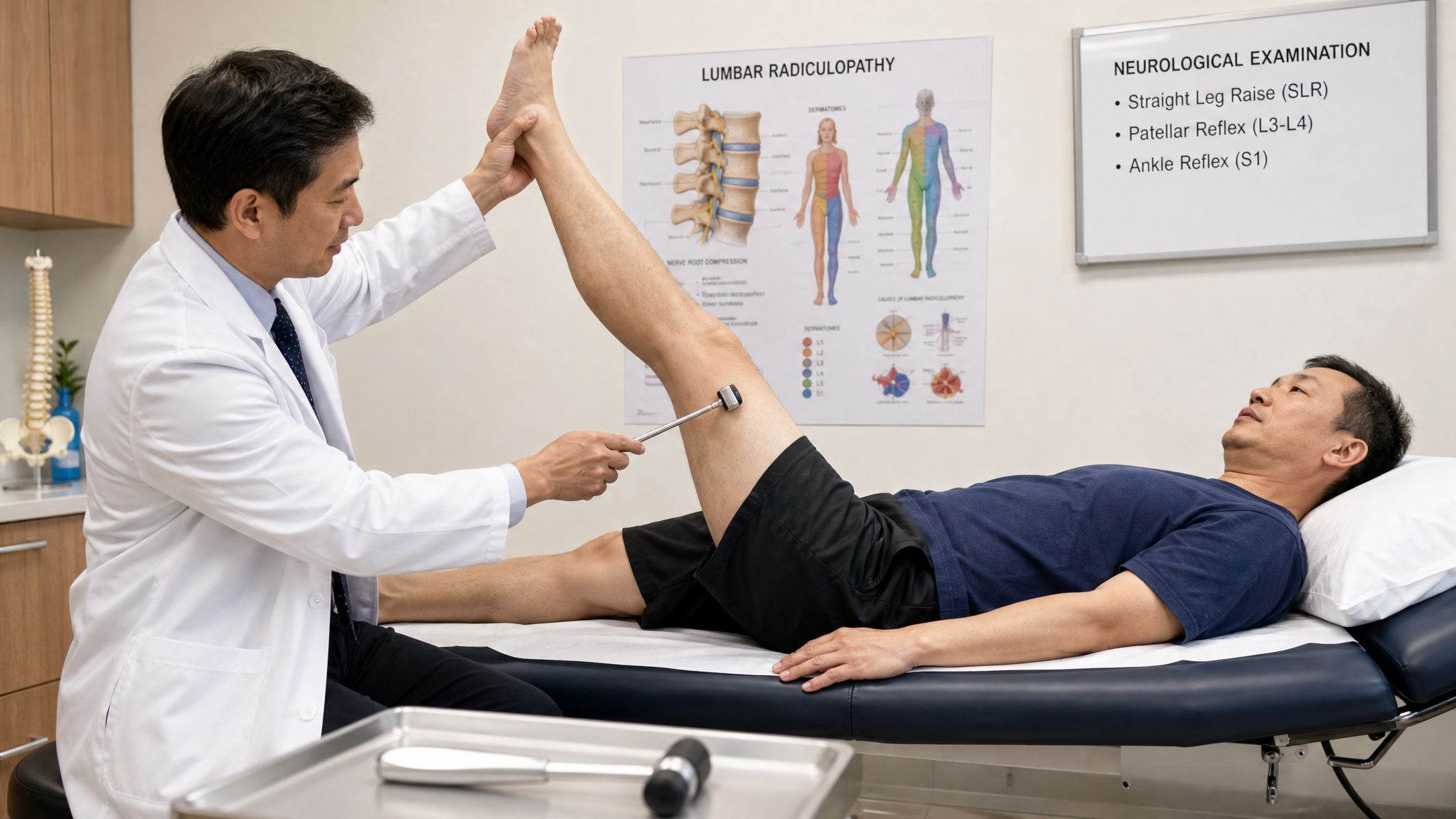Clinician performing a straight leg raise and checking knee and ankle reflexes on an Asian man for a lumbar radiculopathy screen
