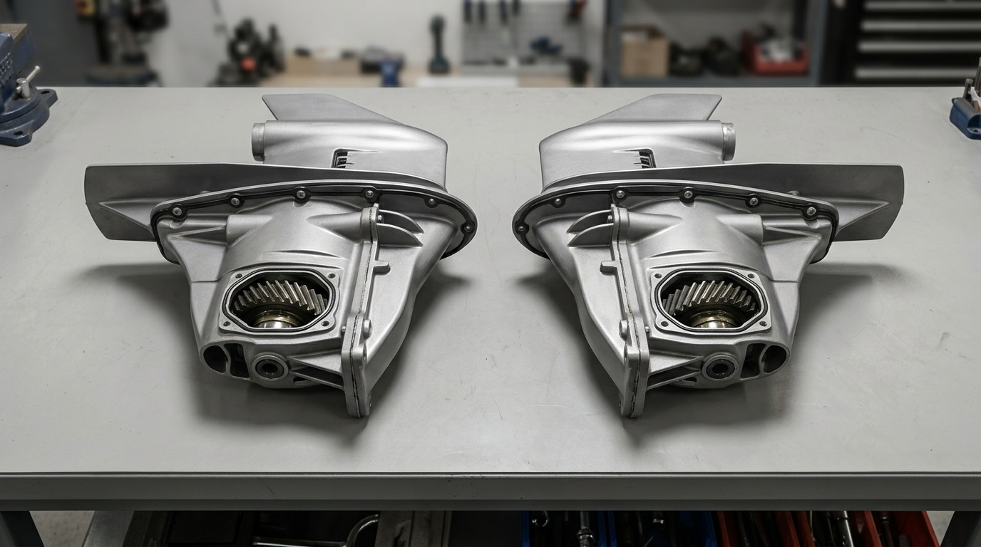 Standard and counter-rotating Alpha One Gen II lower unit gearcases side by side on a workshop bench for comparison