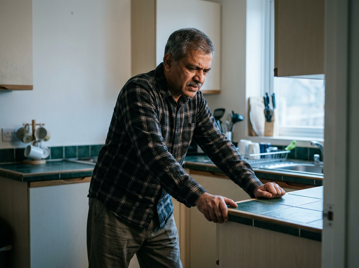 South Asian male veteran gripping kitchen counter showing severe morning stiffness