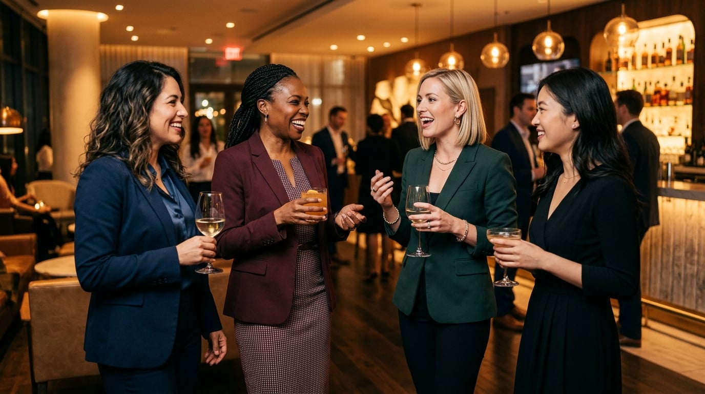 Women professionals networking and connecting at a Blue Fire Artistry mixer event