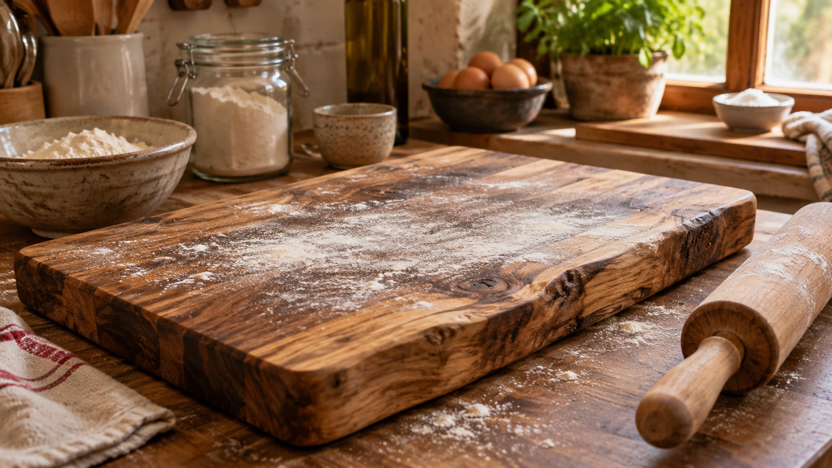 Tabla de amasar artesanal de madera nativa chilena sobre mesada de cocina rústica
