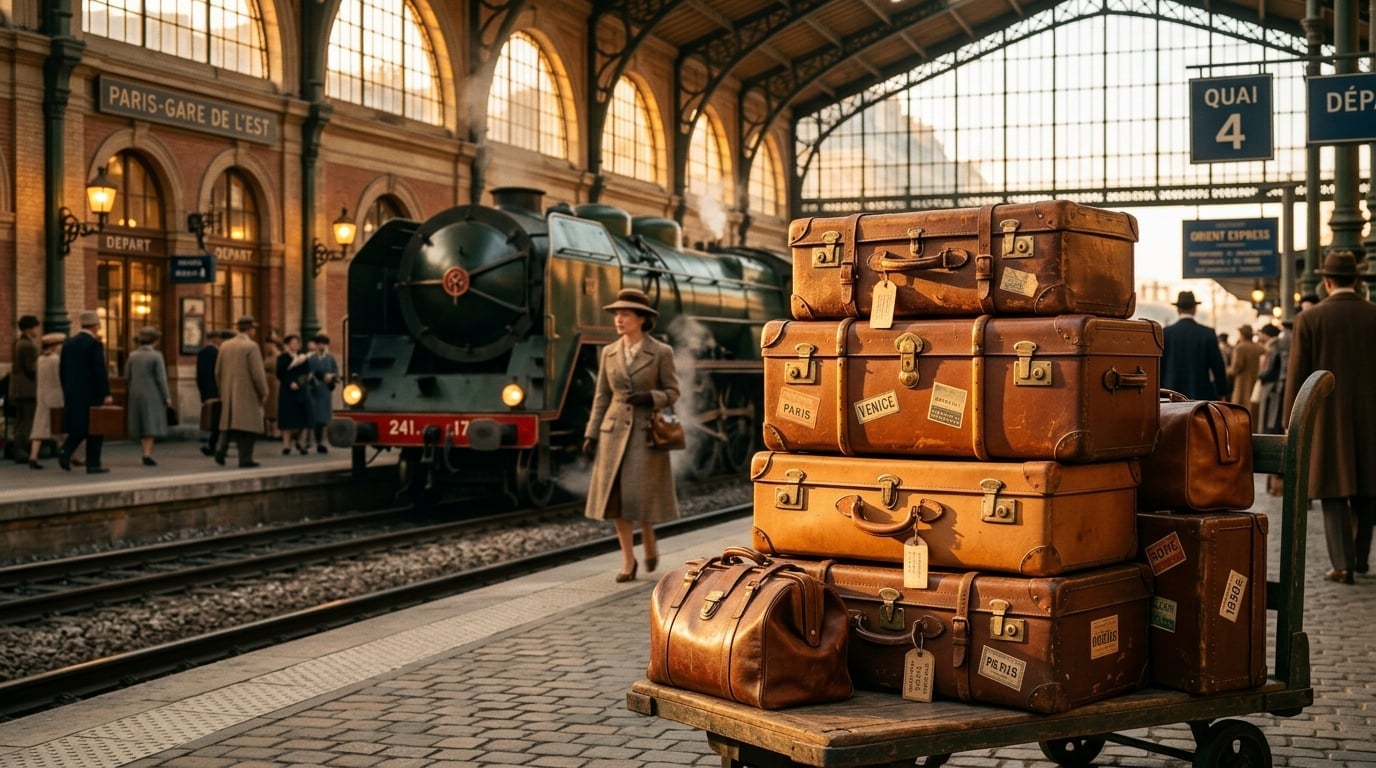 Vintage travel scene with leather luggage
