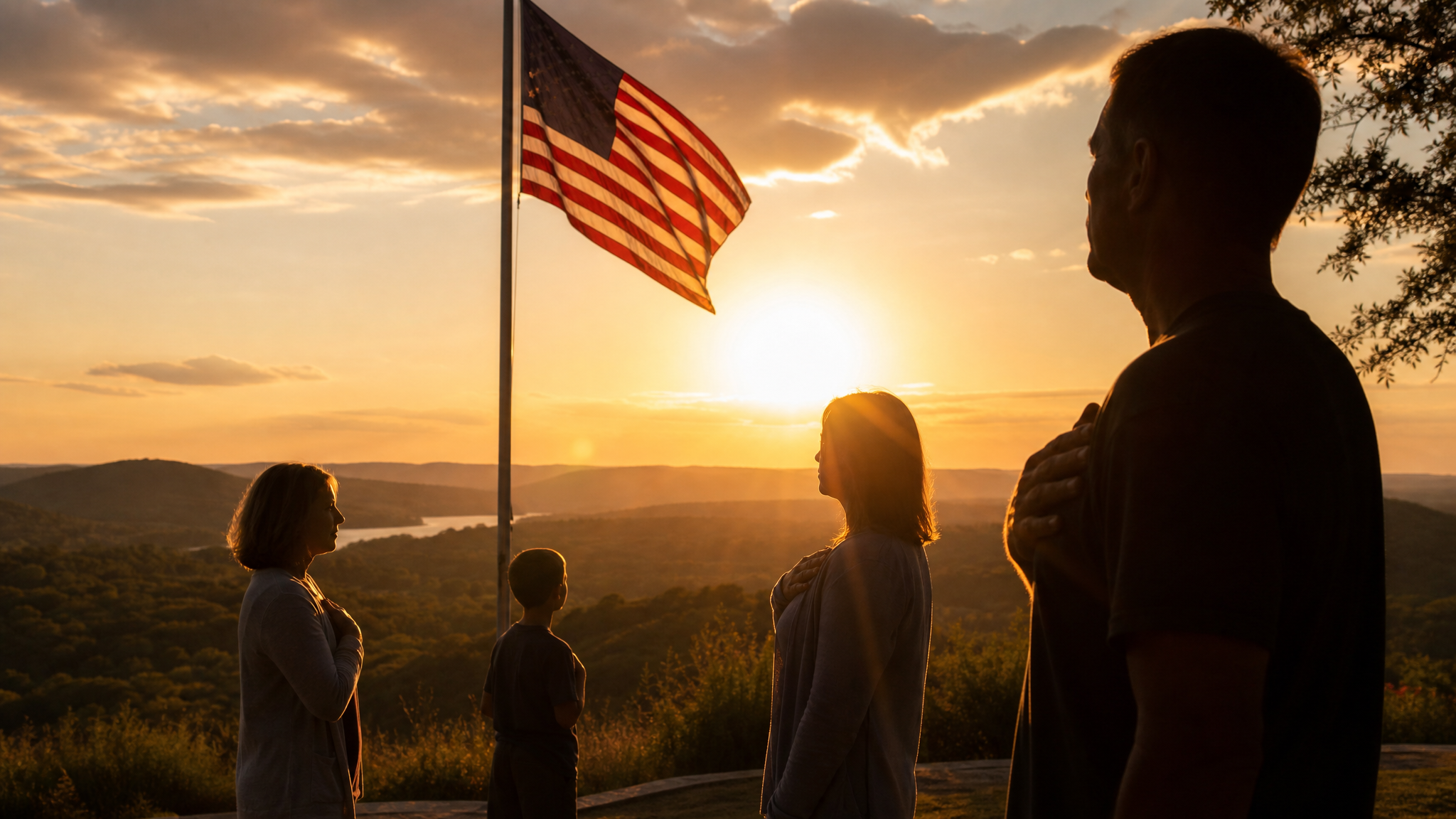 Silhouettes of people in quiet reflection with hands over hearts near an American flag at golden hour