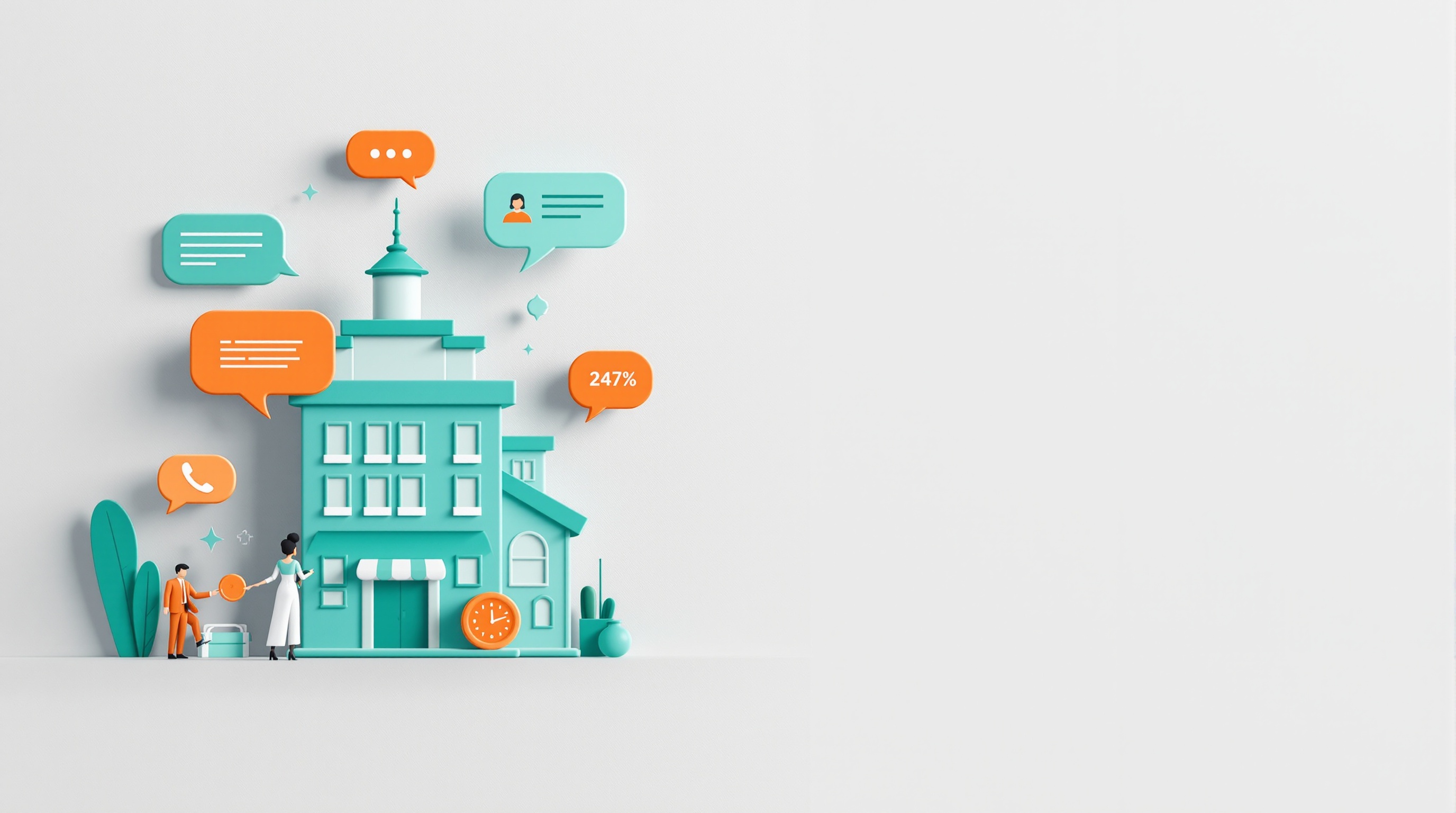 Ícone abstrato de hotel com elementos de chat e relógio 24/7