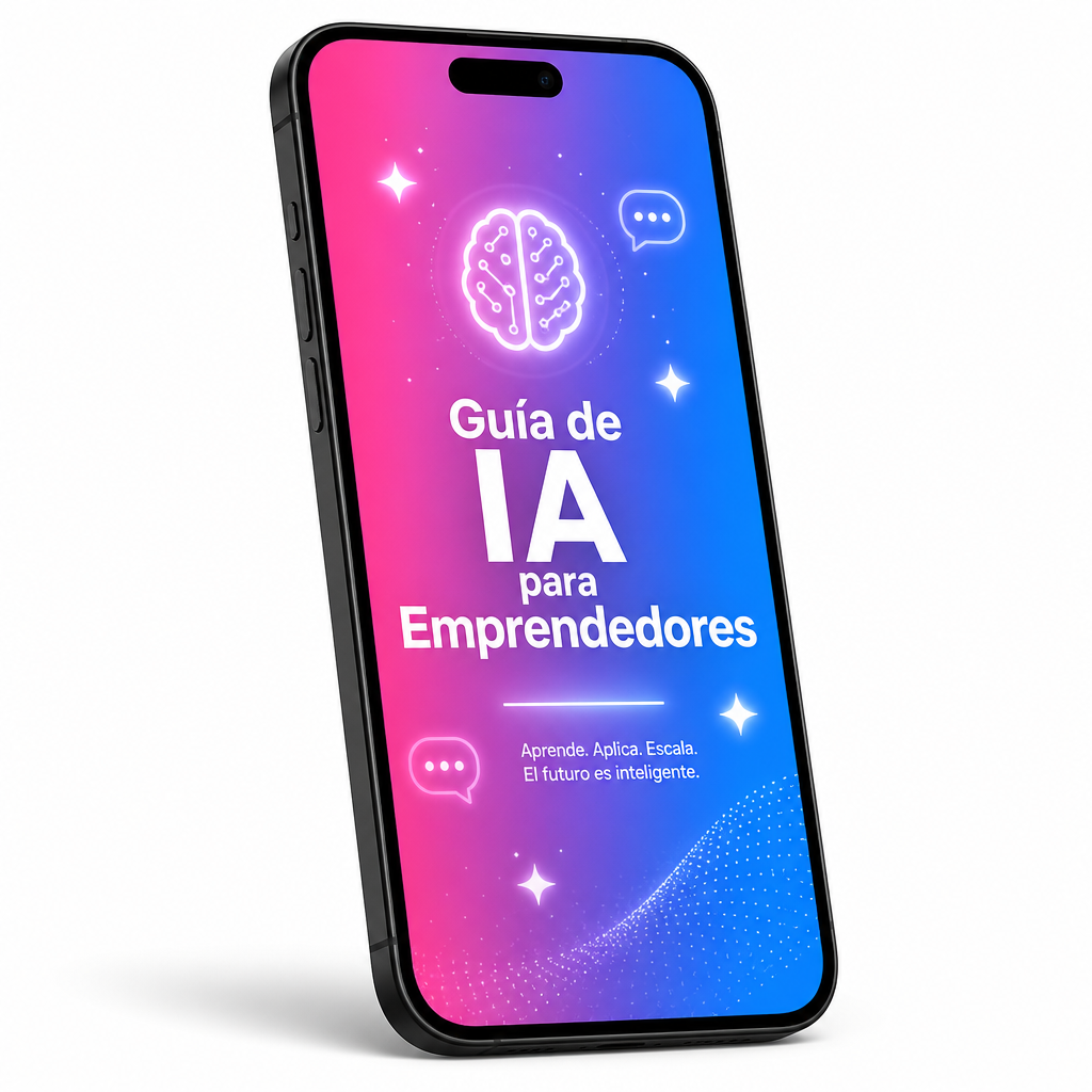 Mockup de la Guía Completa de IA para Emprendedores mostrada en smartphone