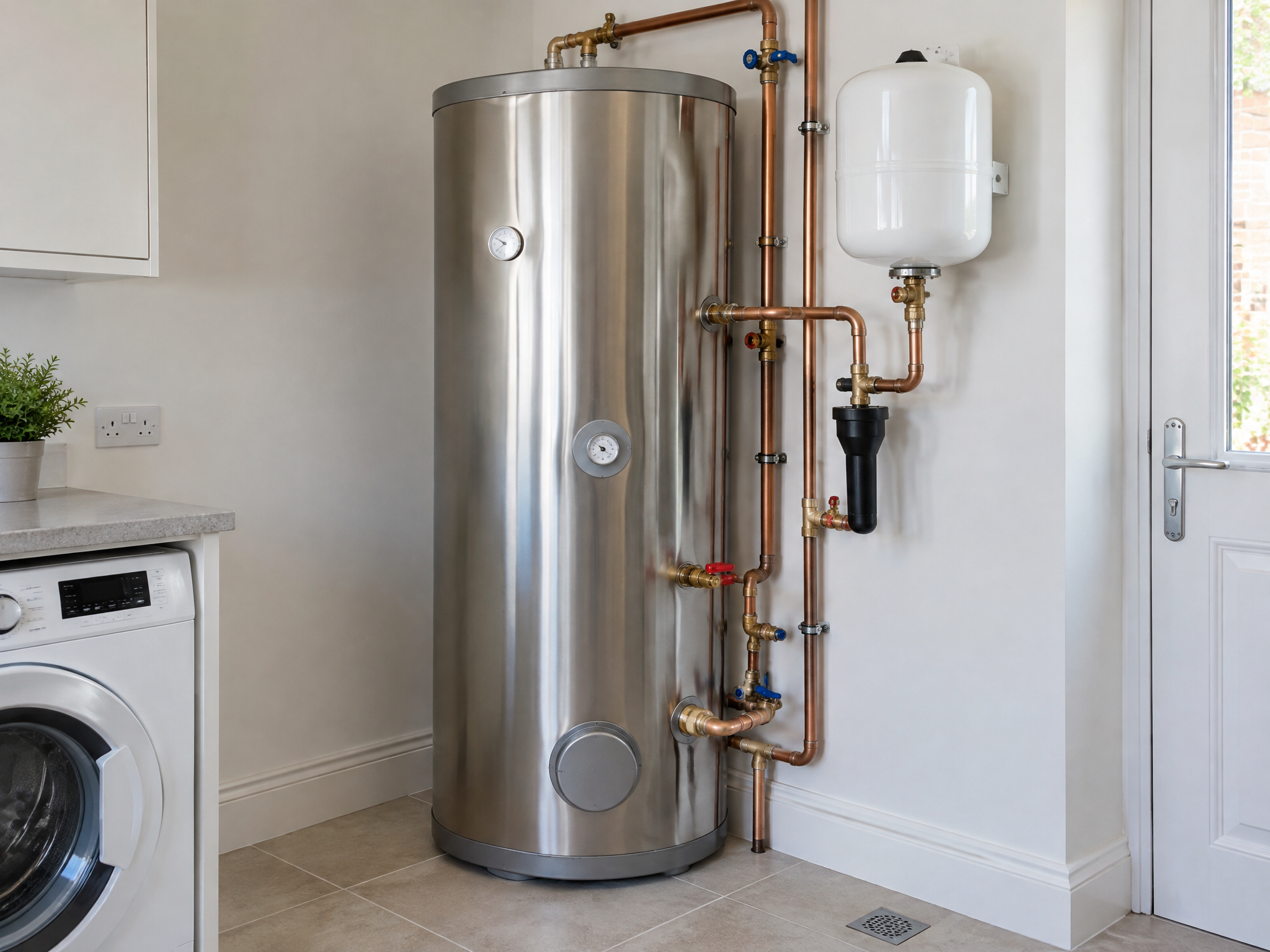 Stainless steel unvented hot water cylinder with expansion vessel in a UK utility room