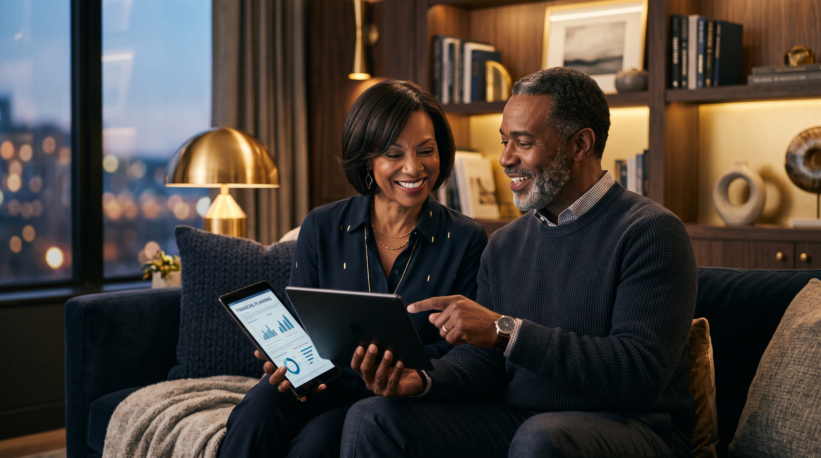 Confident African American couple reviewing their finances together at home