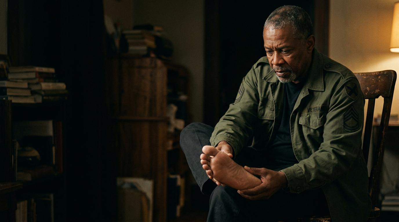 Older Black male veteran seated in low light examining and holding his bare flat foot with a collapsed arch in his hands