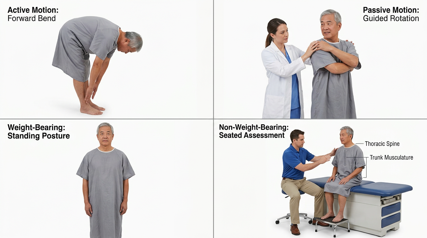 Four-panel figure showing the thoracolumbar spine tested actively, passively, weight-bearing and non-weight-bearing