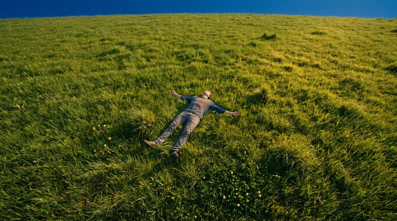 Vista aérea de pessoa deitada na grama olhando para o céu azul profundo, sensação de paz