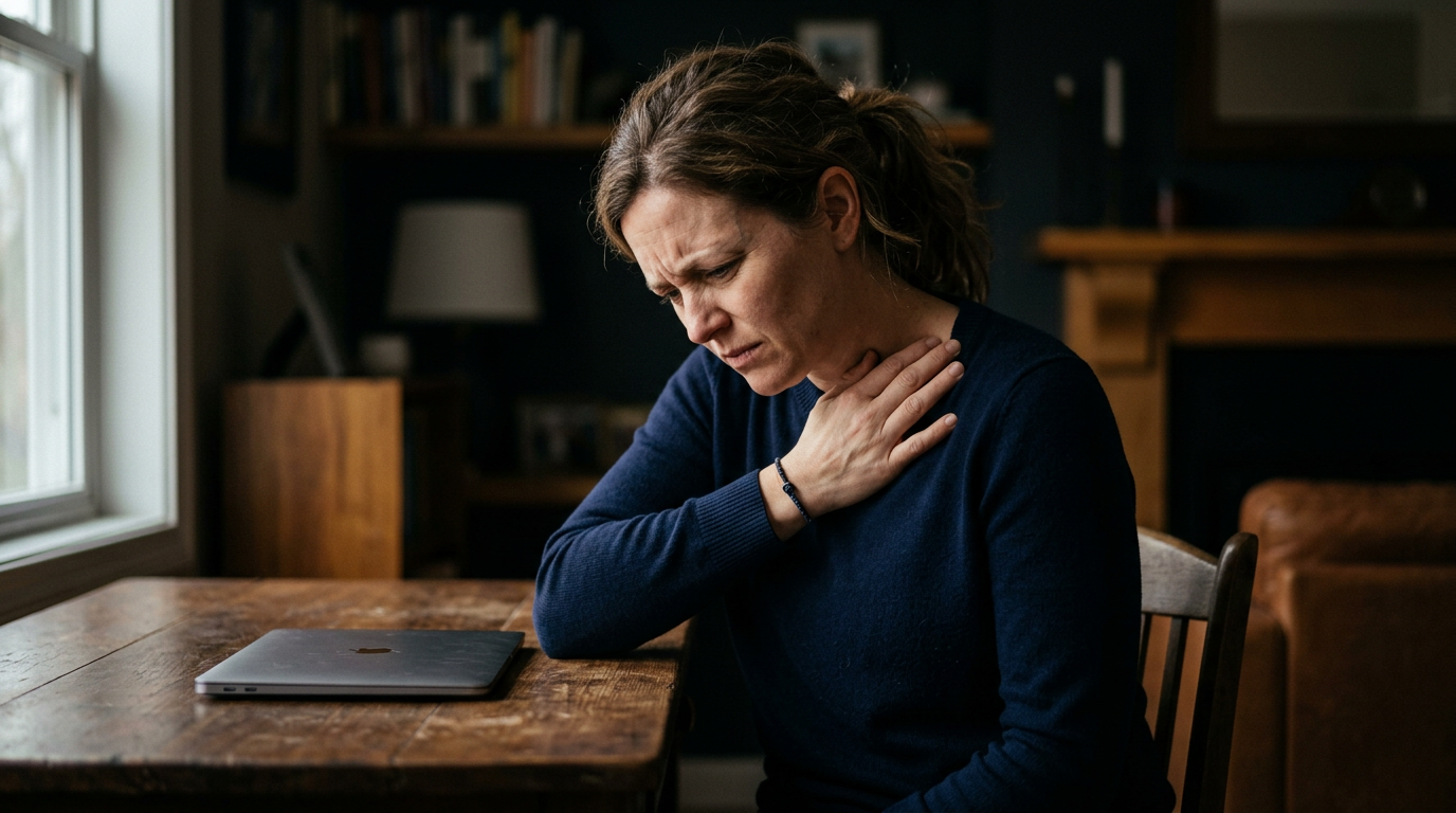 A white female veteran in her late 30s hunched forward at a desk in a dimly lit home office, one hand pressing on her collarbone area in chronic pain