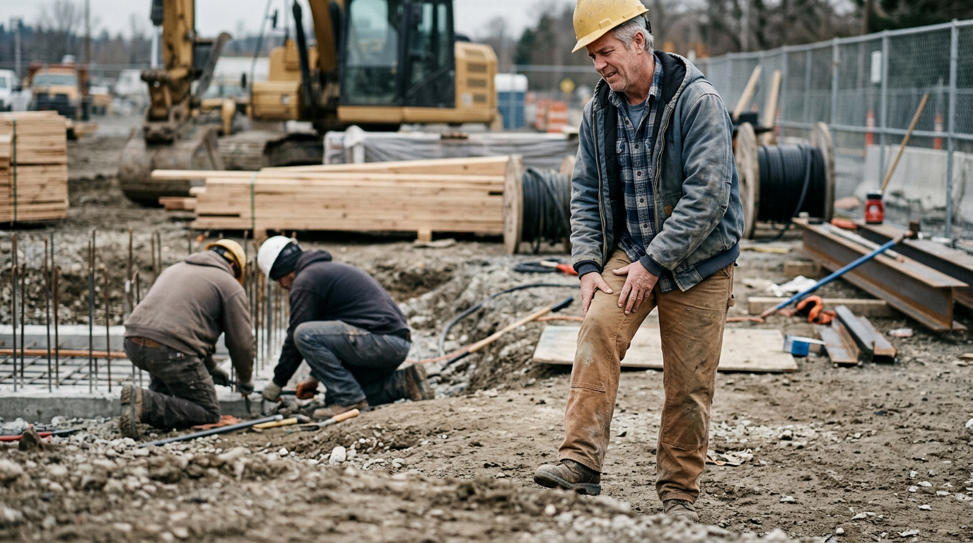 Photograph of a man at a worksite unable to crouch or kneel for his job, standing aside holding his knee while others work