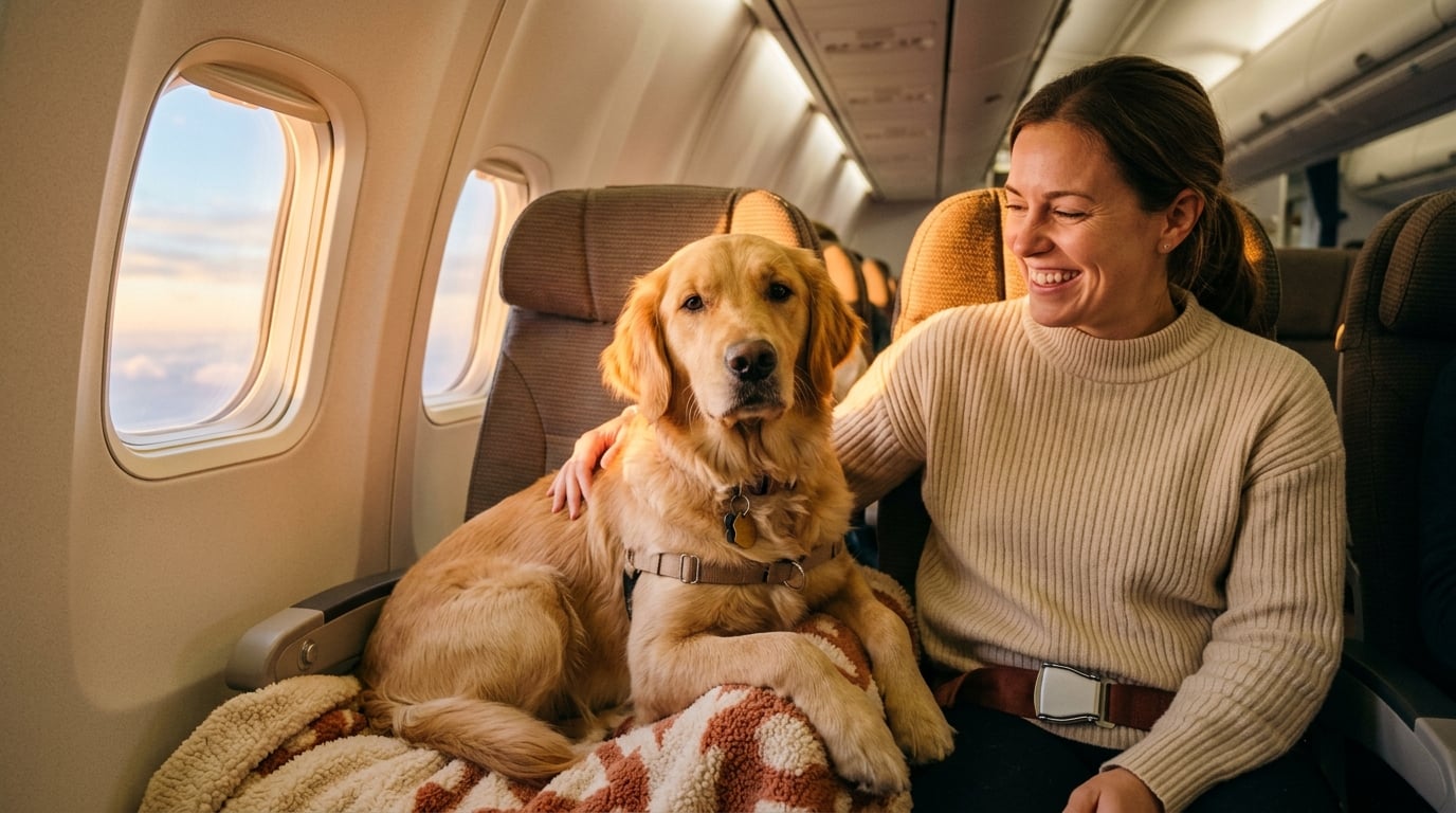A happy dog sitting comfortably in an airplane cabin next to its owner