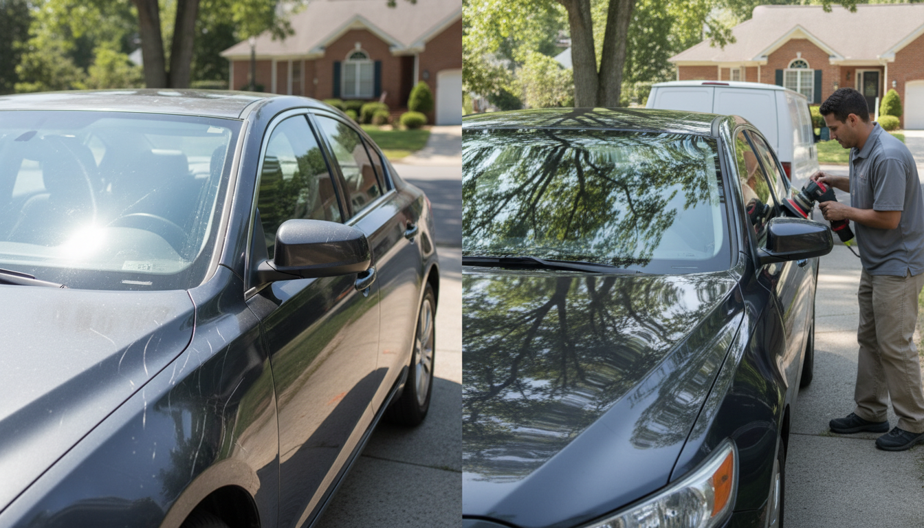Before and after paint correction: scratched side vs corrected glossy finish