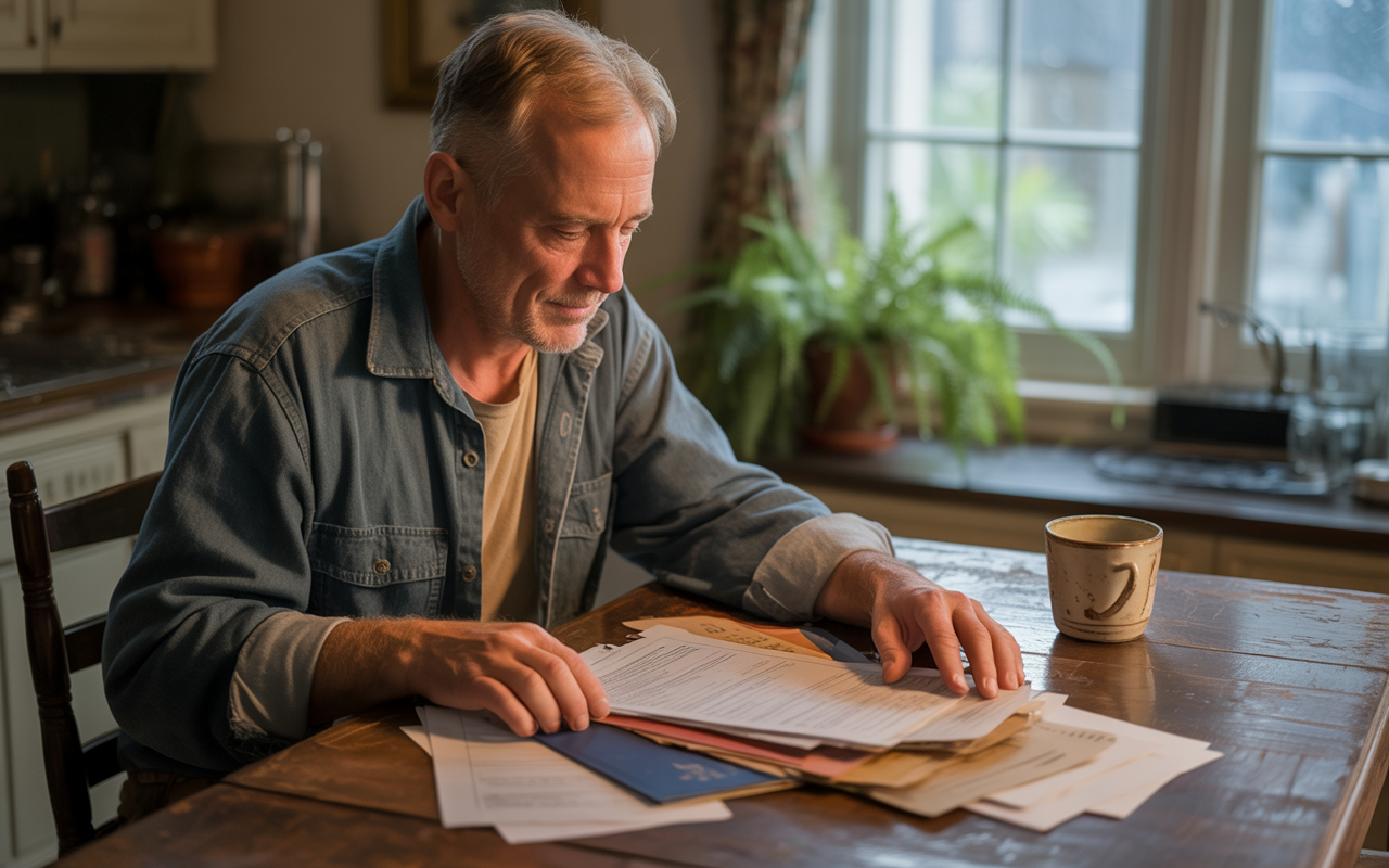 A veteran reviewing military discharge paperwork at a kitchen table