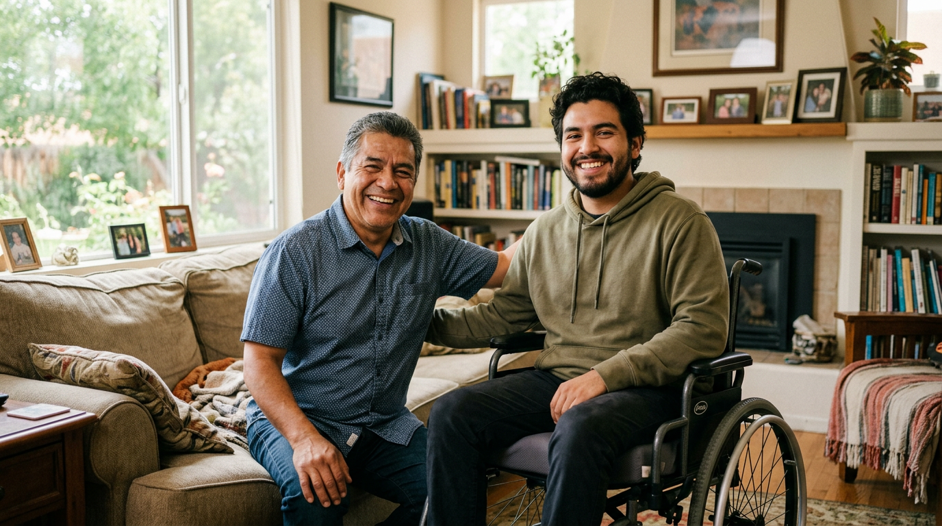 A father smiling beside his adult son who uses a wheelchair at home