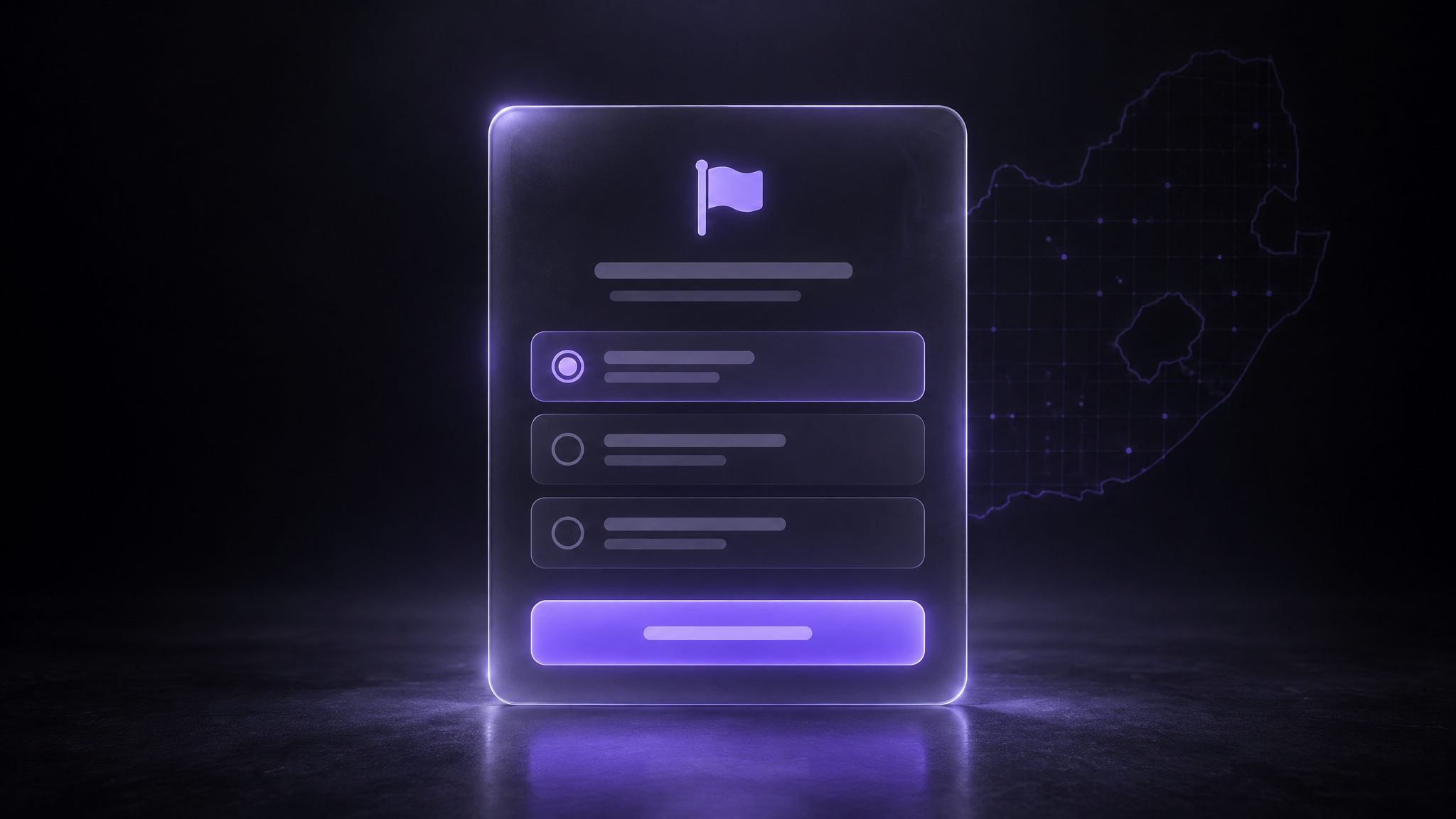 A frosted glass report-a-review interface panel with option rows and a glowing violet submit button, floating in the dark against a faint South African map grid