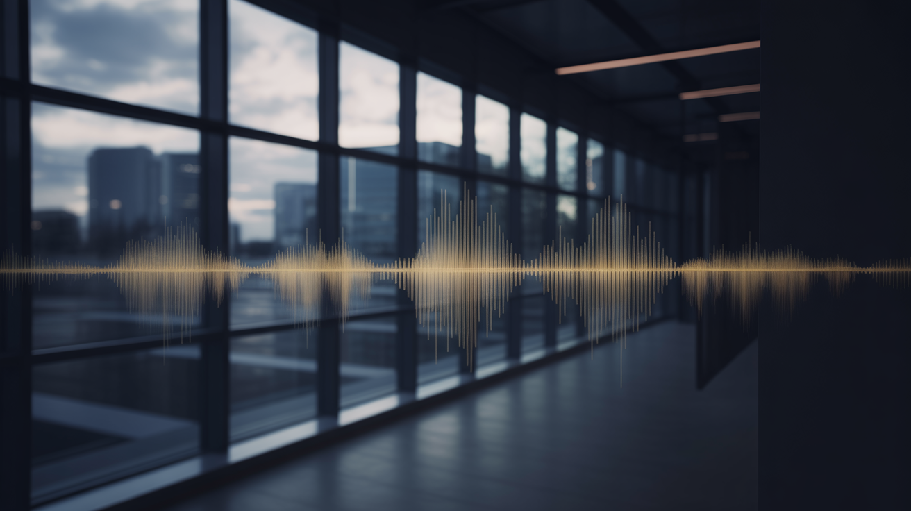 Moderne Büroumgebung mit abstrakten Schallwellen-Visualisierungen in Gold- und Navytönen