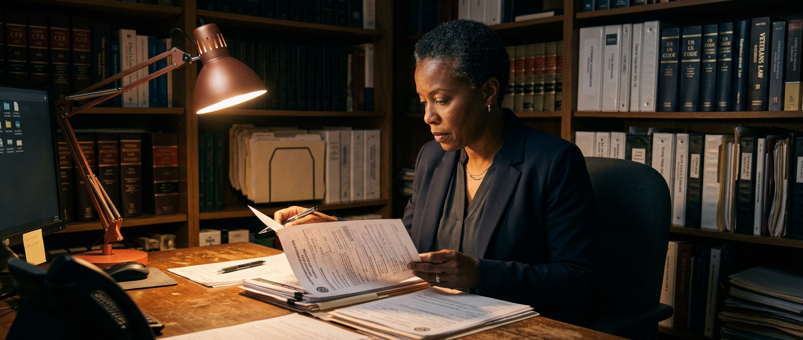 A confident Black woman accredited veterans-benefits advocate in her forties seated at a desk in a dim office, reviewing a claims file under a warm desk lamp with shelves of regulation books behind her