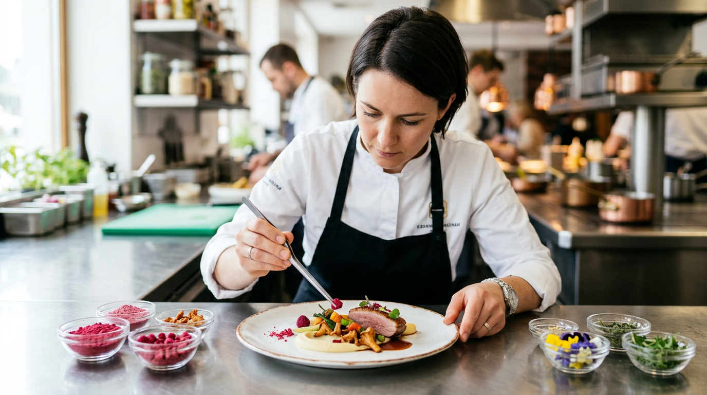 Chef plating a gourmet dish with freeze dried fruit powder and pieces in a restaurant kitchen
