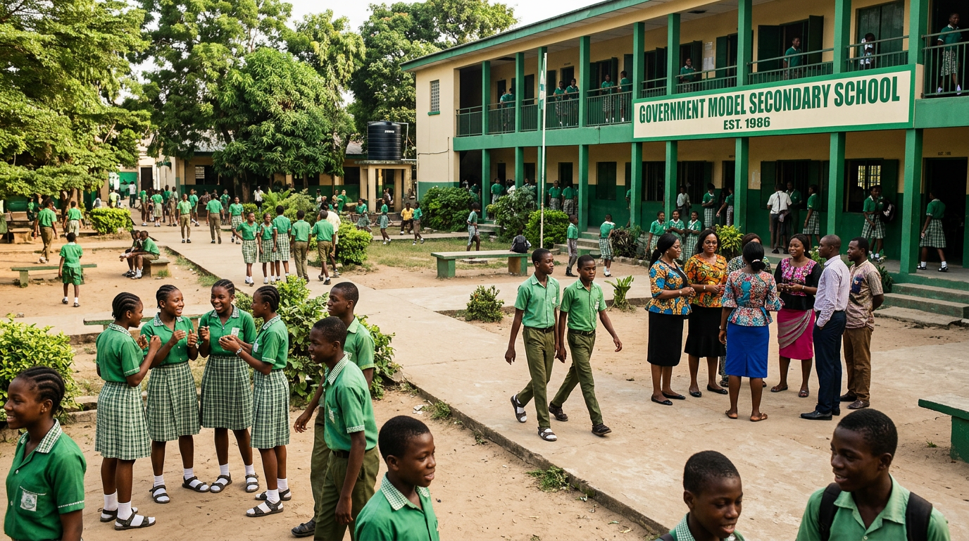 Students and teachers in a Nigerian school yard
