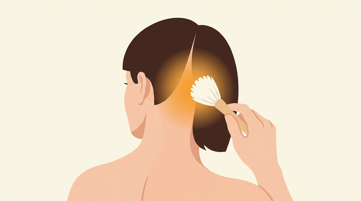 A clean medical illustration of a soft brush lightly touching the back of the scalp with an amber hypersensitive glowing patch