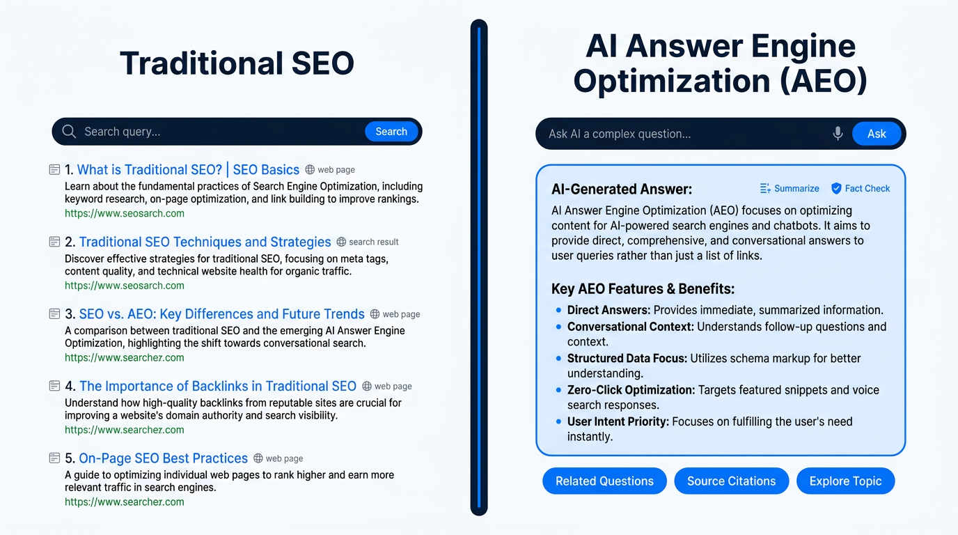 AEO vs SEO comparison - traditional search results versus AI-generated answers