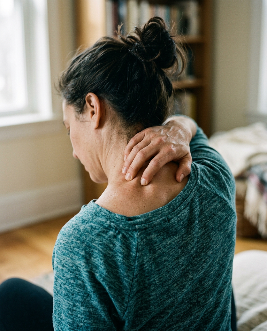 Woman at home squeezing a tight knot in her upper shoulder and neck
