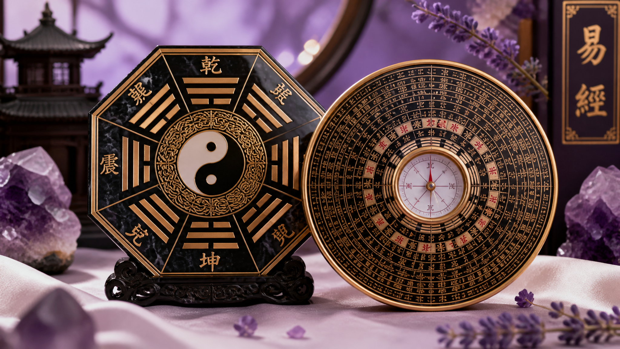 Bagua eight trigrams symbol and luopan Feng Shui compass representing Chinese metaphysics