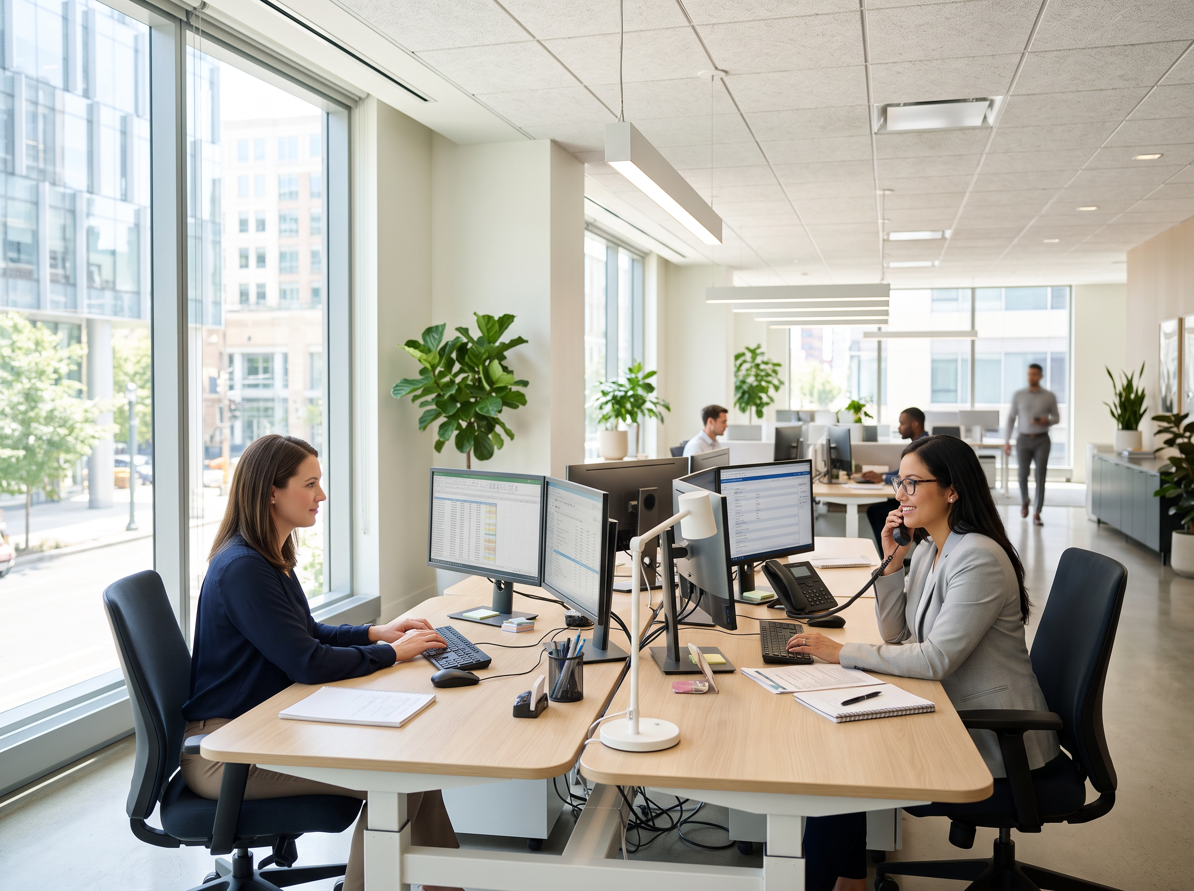 Revenue cycle specialists reviewing medical claims and billing worklists on dual monitors in a bright, daylit office