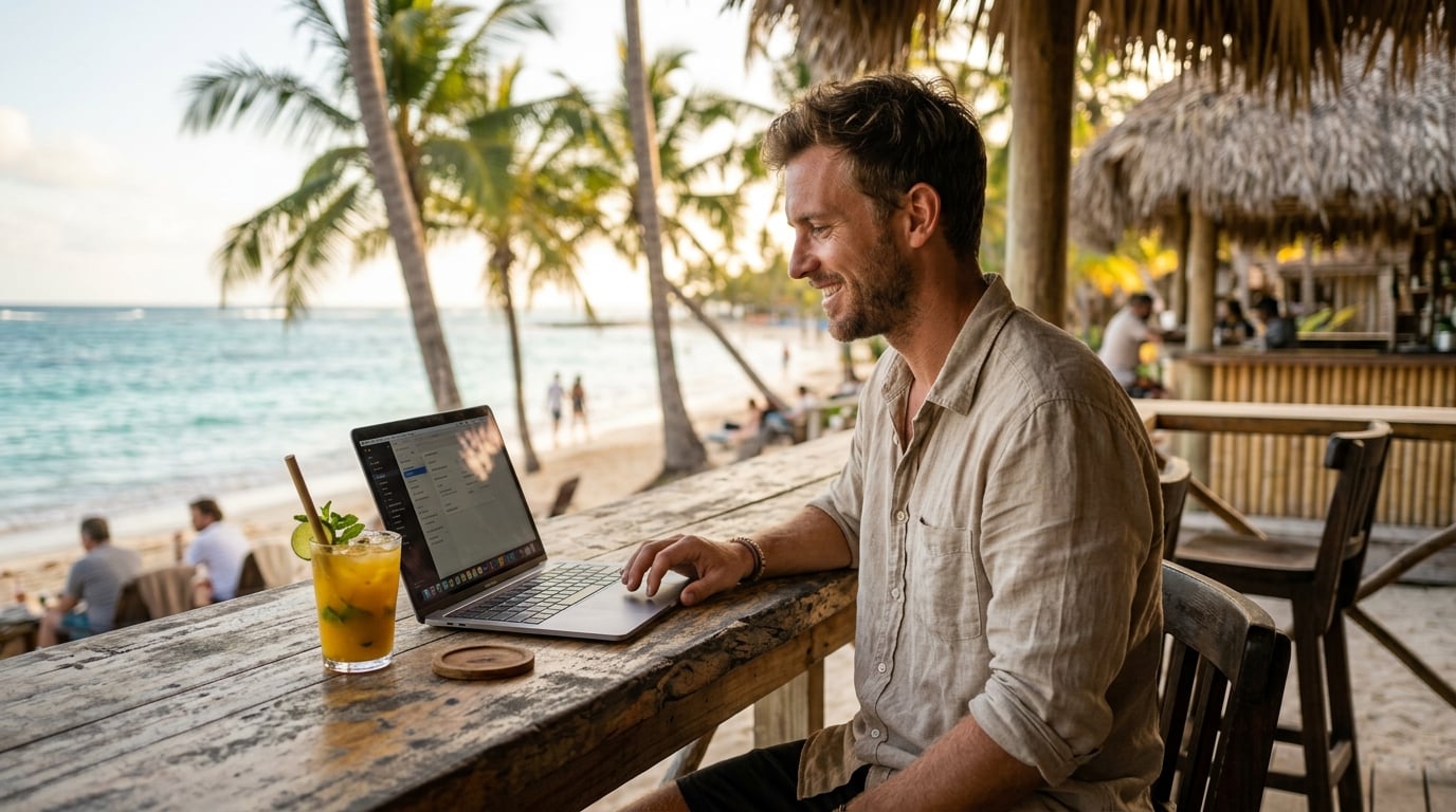 Mann arbeitet entspannt mit Laptop an einer tropischen Strandbar