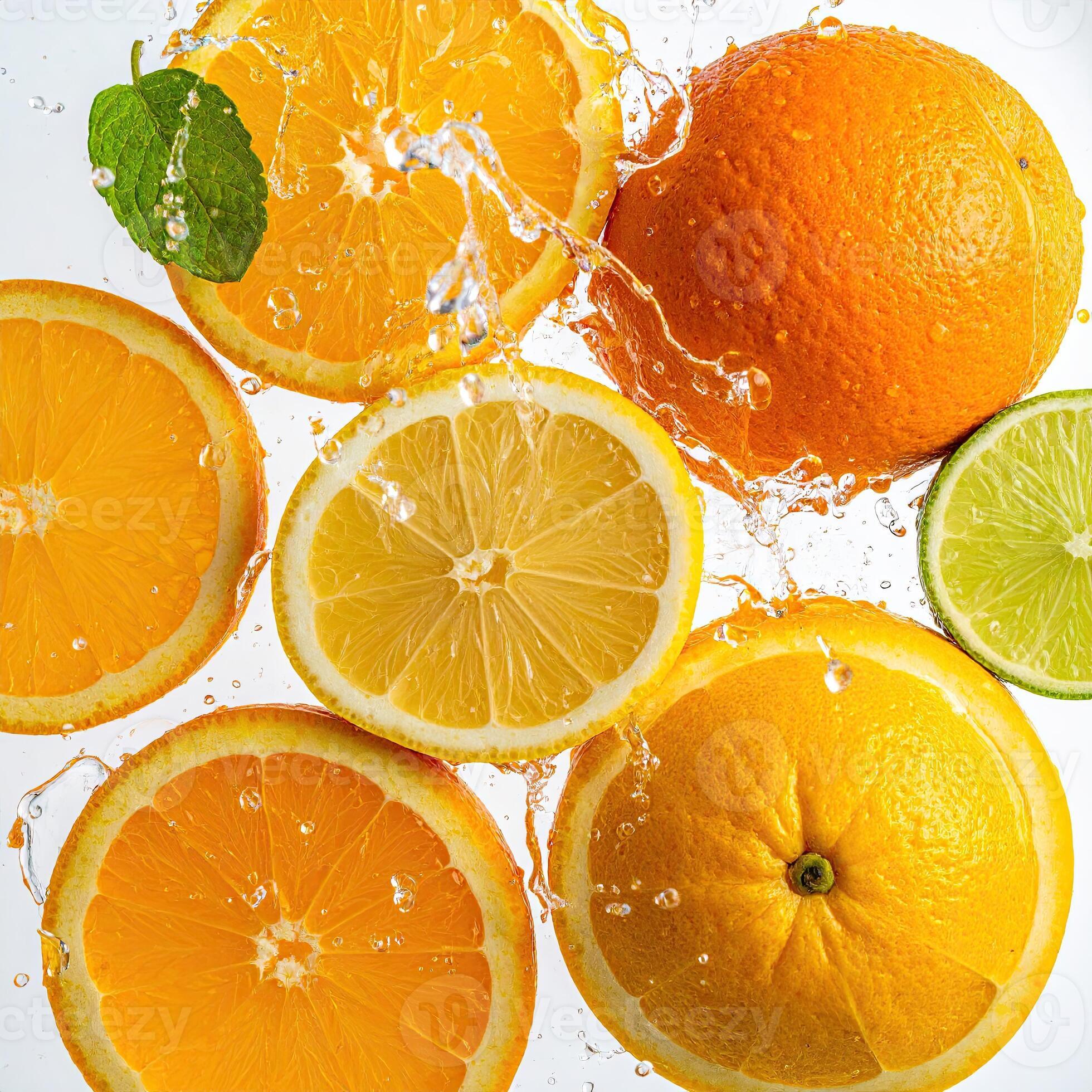 Fresh vibrant citrus slices with water droplets showing natural freshness
