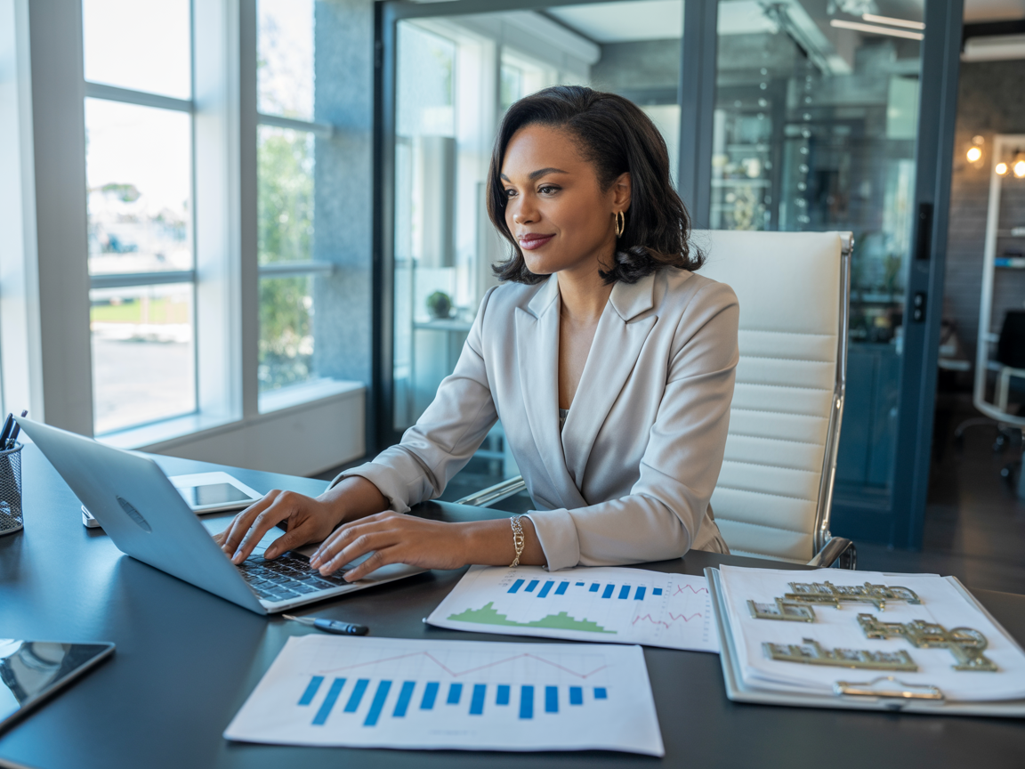 African-American woman studying real estate investing courses at her home office