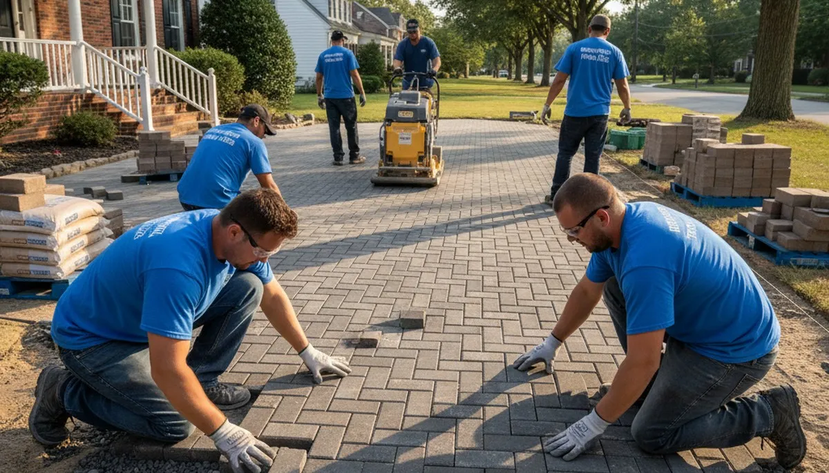 Professional landscaping team at work on a driveway installation