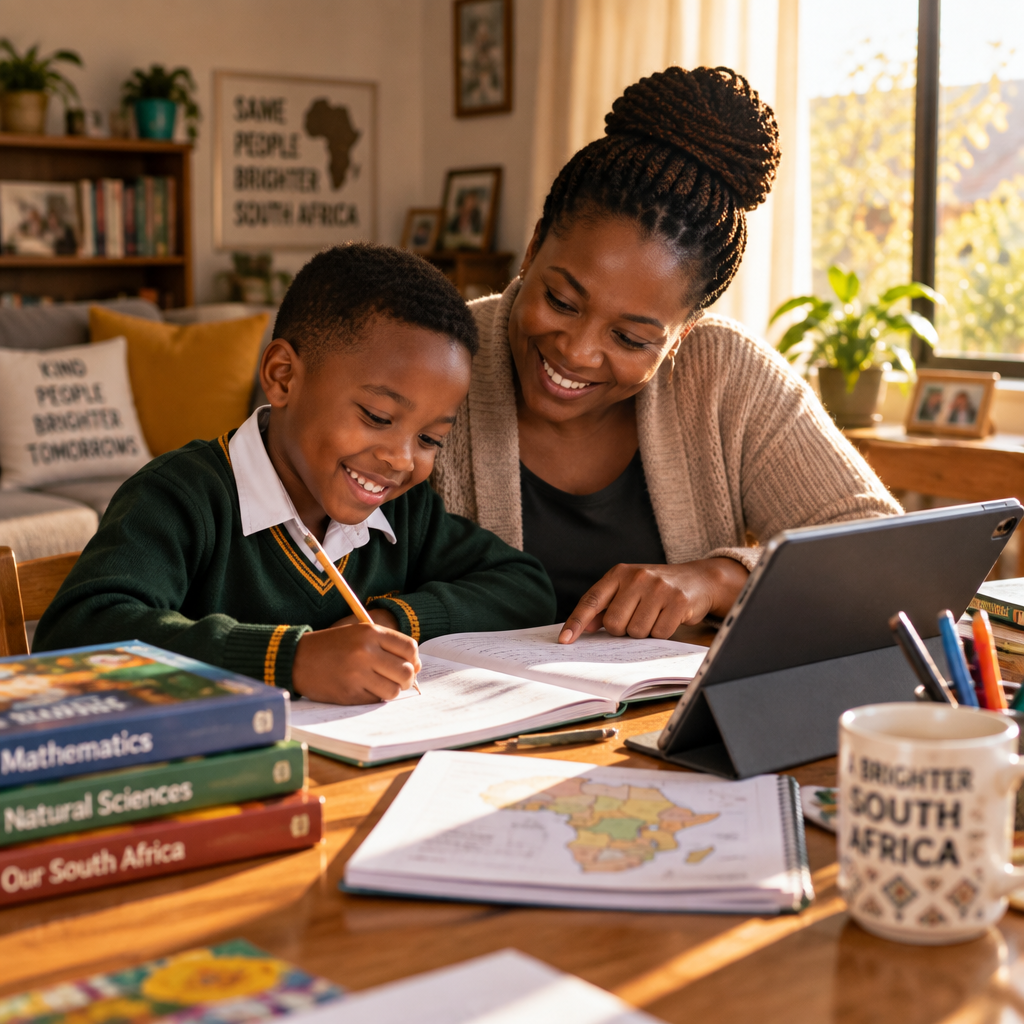 Parent and child learning together at home