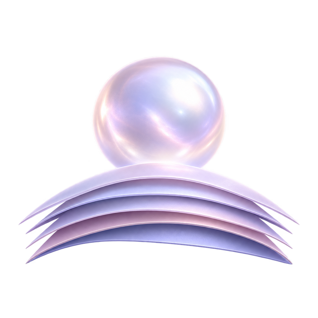 Luminous pearl above curved lavender page layers