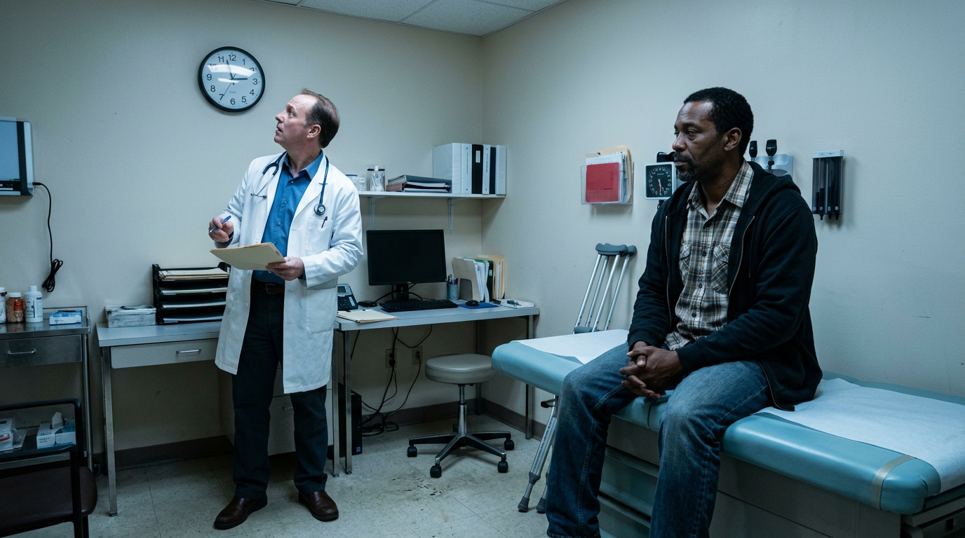 A rushed compensation and pension medical exam with a doctor checking the clock