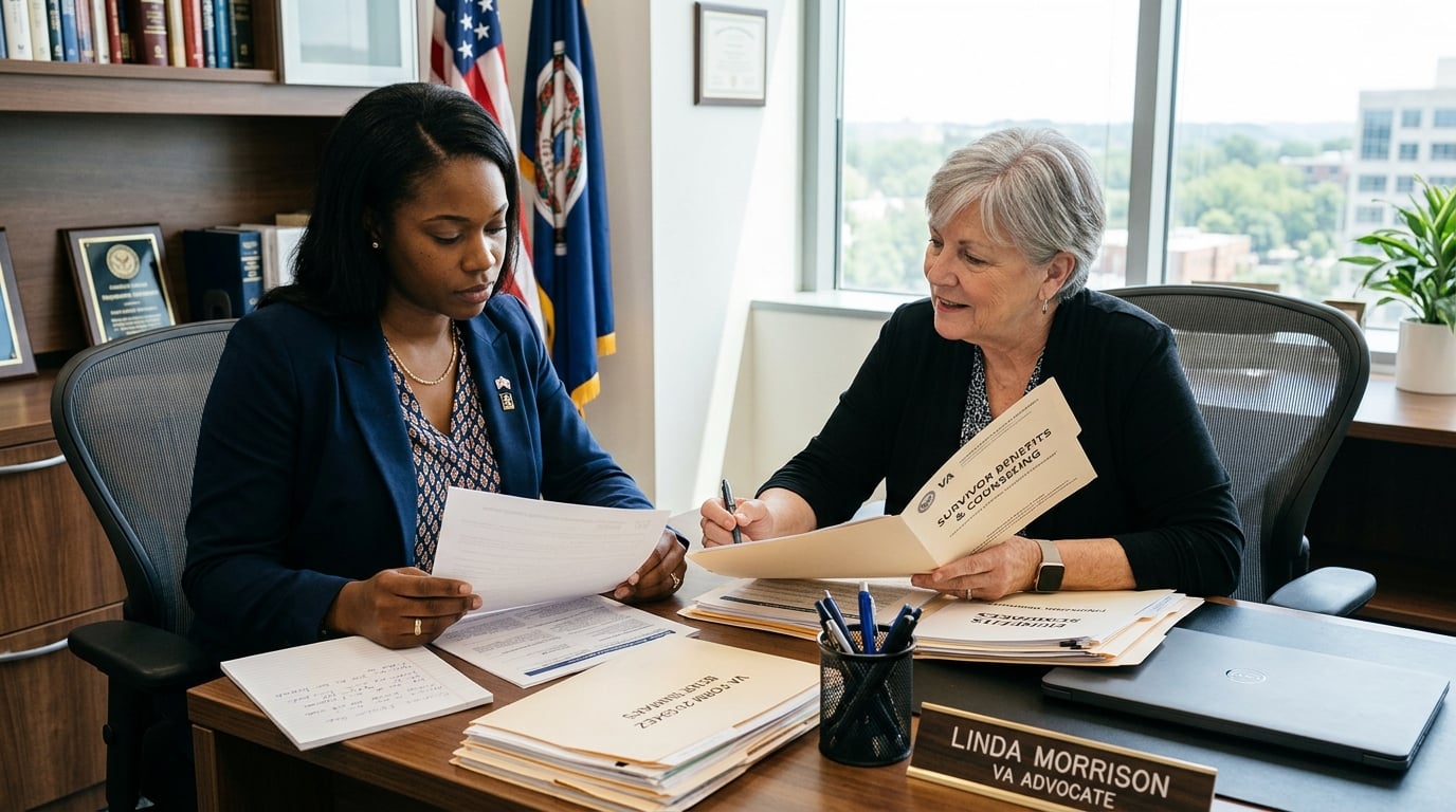 Young Black military widow reviewing paperwork with a VA advocate in a professional office