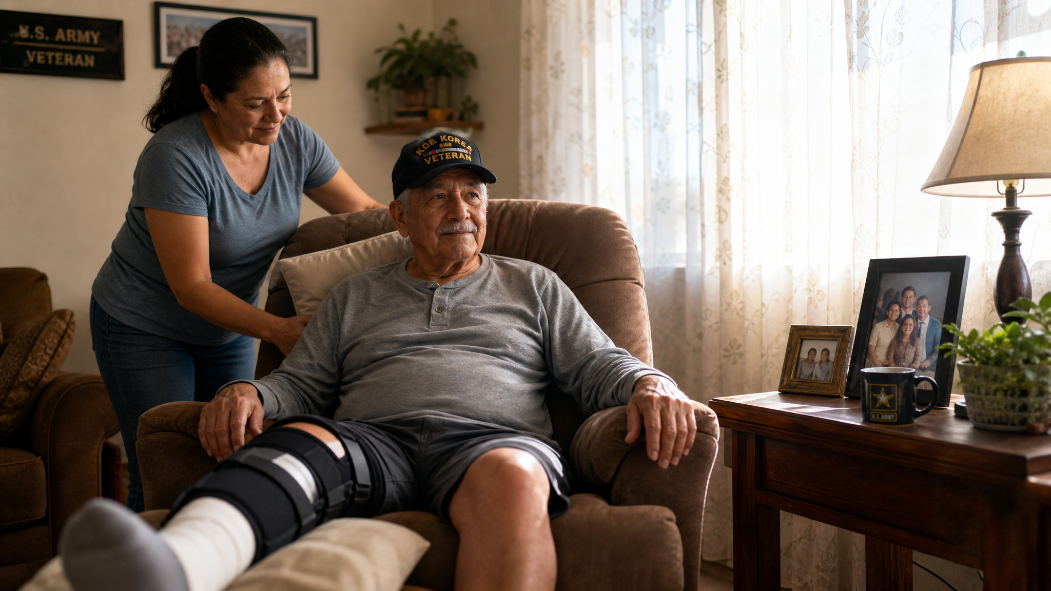A senior Hispanic male veteran recovering at home in a recliner with his leg in a post-surgical brace, an adult family member helping him