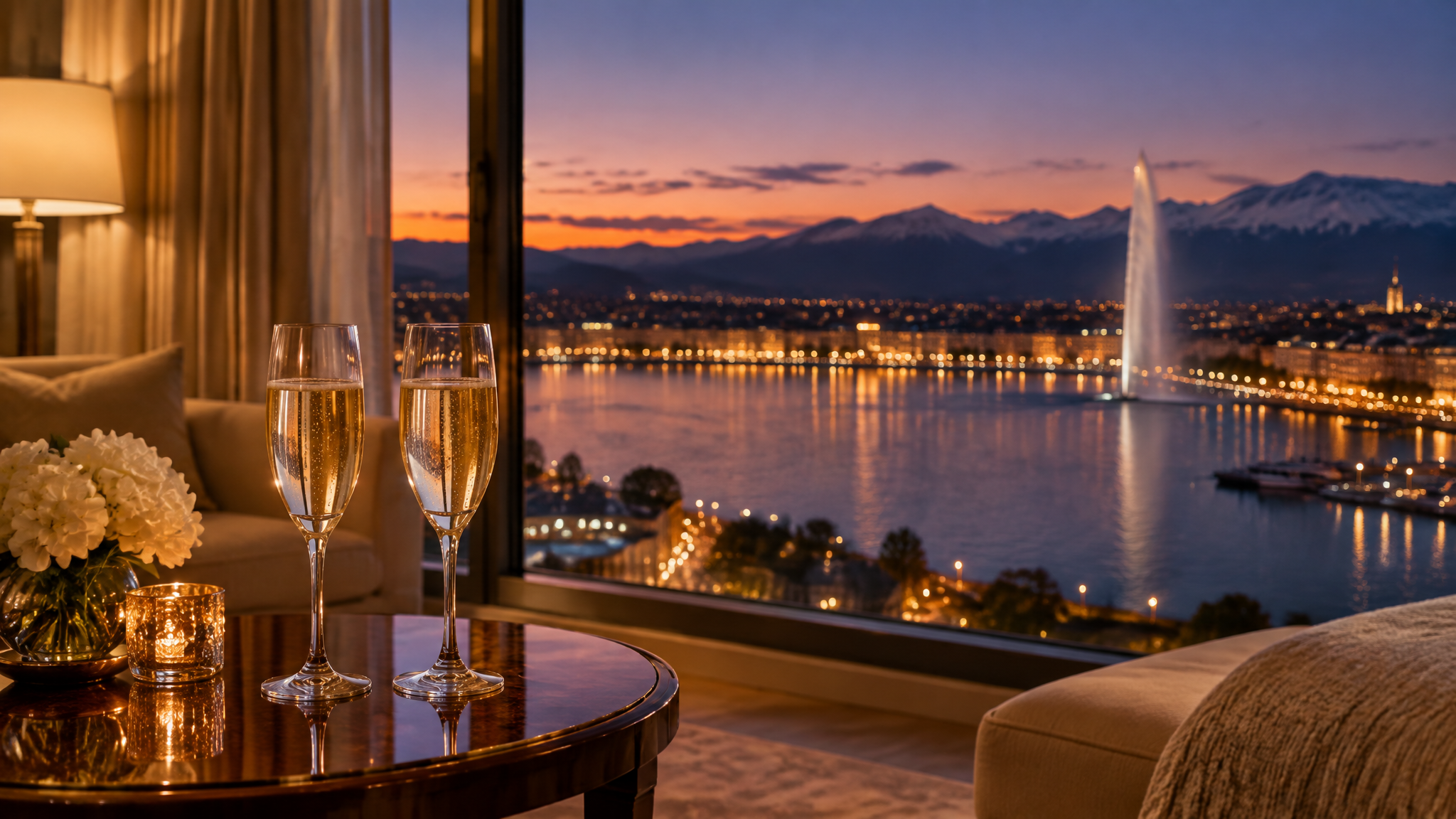 Salon d'hôtel élégant à Genève au crépuscule avec deux coupes de champagne, ambiance discrète